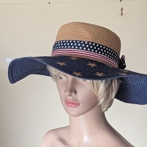 Stars And Stripes Floppy Wide Brim Hat Red White Blue Ribbon Adj Int Headband